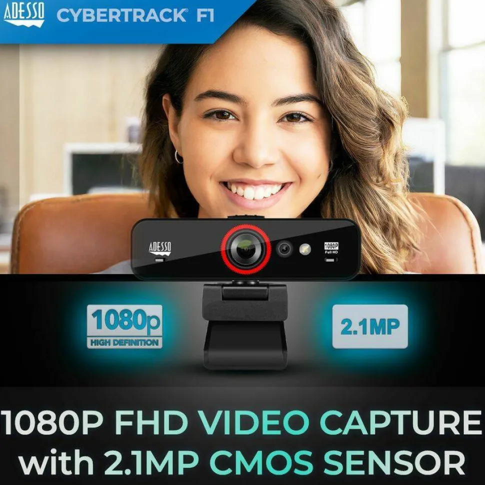 Adesso CyberTrack F1 Webcam - Window Hello Certified - 2.1 Megapixel - 30 fps - USB 2.0 - 1 Each