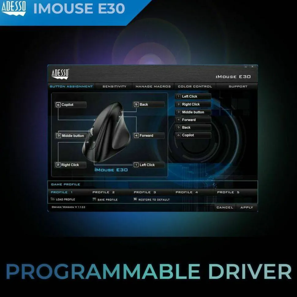 Adesso 2.4 GHz Wireless Vertical Programmable Mouse