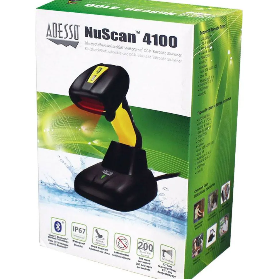 Adesso NuScan 4100B Bluetooth Antimicrobial Waterproof CCD Barcode Scanner