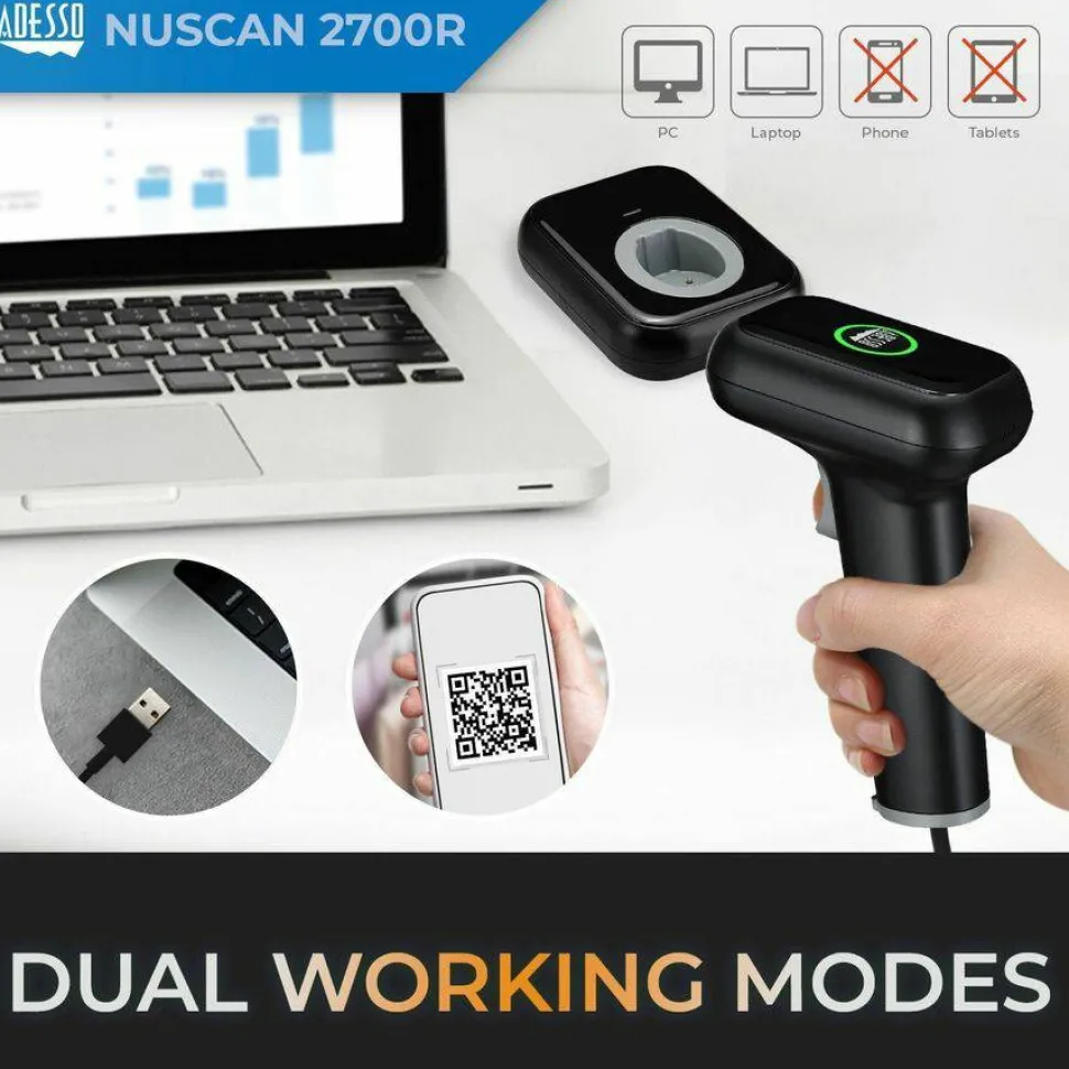 Adesso NuScan 2700R 2D Wireless Barcode Scanner with Charging Cradle
