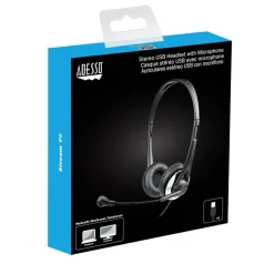 Adesso USB Stereo Headset with Adjustable Microphone- Noise Cancelling- Mono - USB - Wired - Over-the-head - 6 ft Cable -, Omni-directional Microphone - Black
