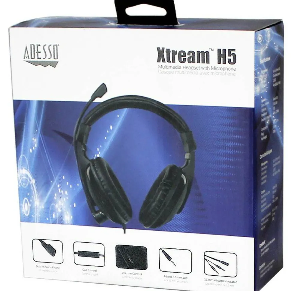 Adesso Xtream H5 - 3.5mm Stereo Headset with Microphone - Noise Cancelling - Wired- Lightweight