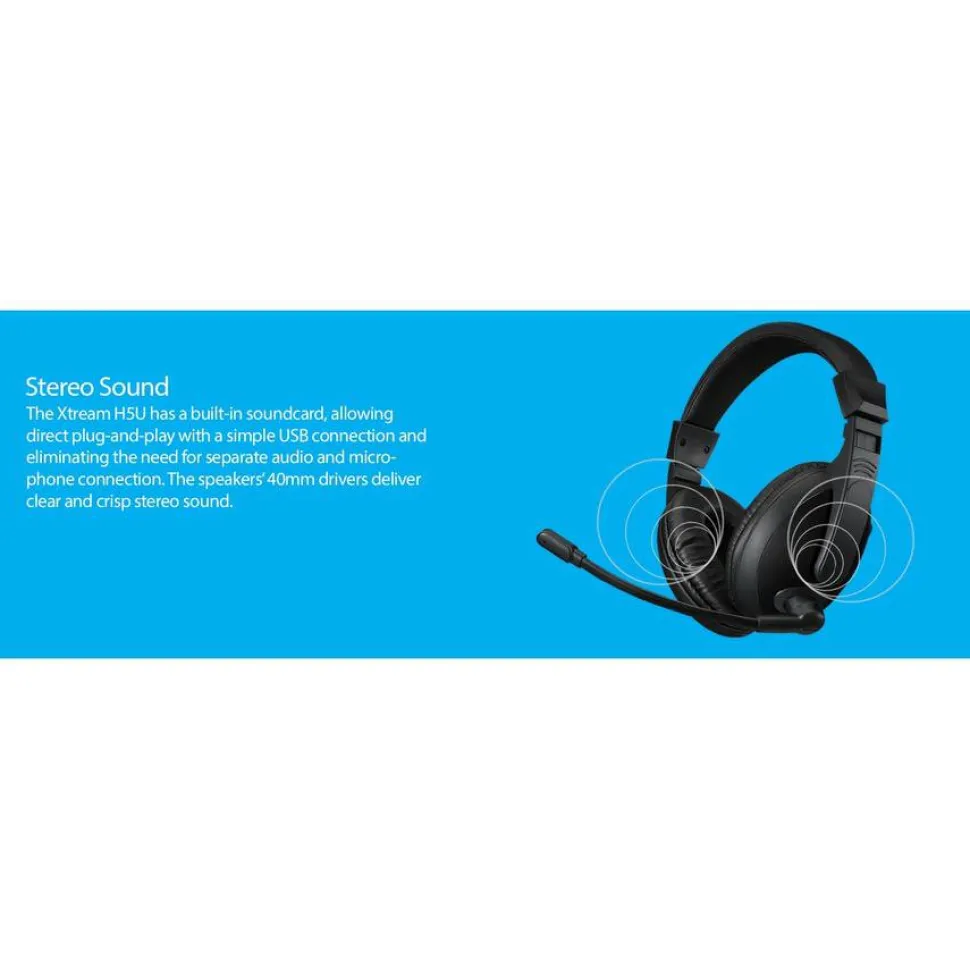 Adesso Xtream H5U - USB Stereo Headset with Microphone - Noise Cancelling - Wired- Lightweight