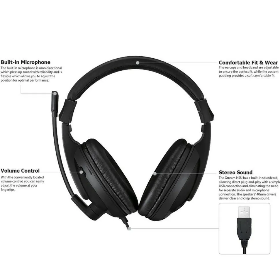 Adesso Xtream H5U - USB Stereo Headset with Microphone - Noise Cancelling - Wired- Lightweight