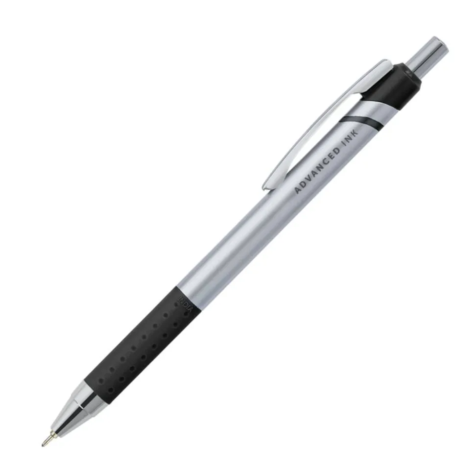 Advanced Ink Retractable Ballpoint Pens, Needle Point, 0.7 mm, Silver Barrel, Black Ink, Pack Of 12