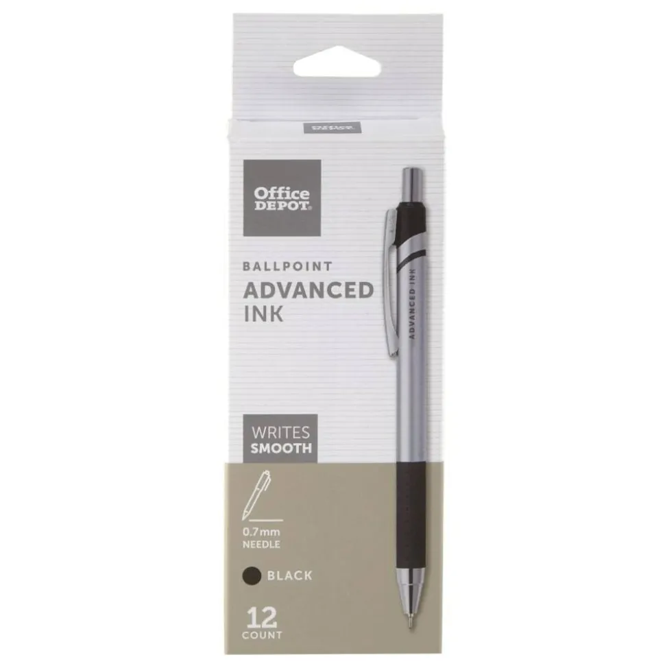 Advanced Ink Retractable Ballpoint Pens, Needle Point, 0.7 mm, Silver Barrel, Black Ink, Pack Of 12