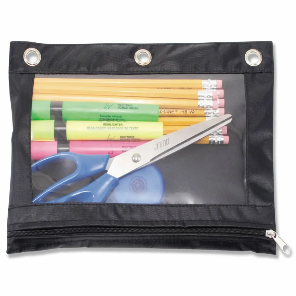 Advantus Binder Pencil Pouch - 10" Height x 7.4" Width - 3 x Holes - Ring Binder - Rectangular - Black, Clear - Vinyl - 1 Each