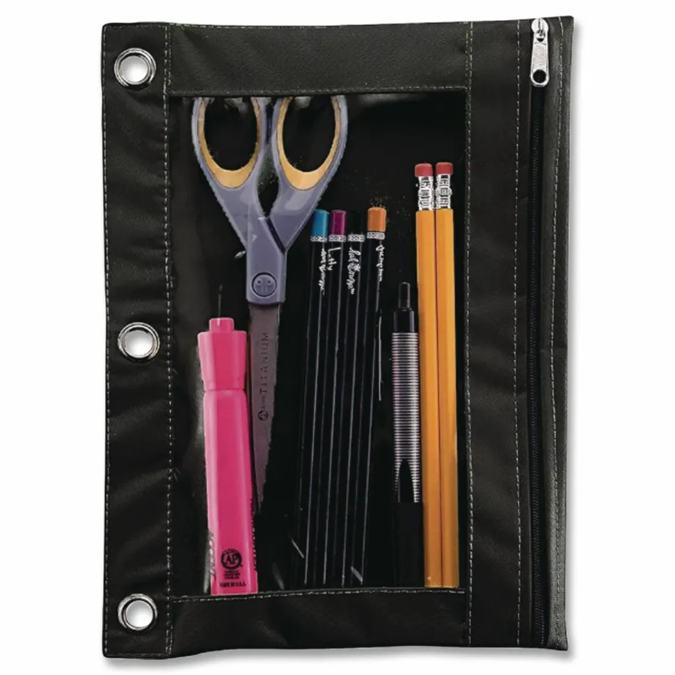 Advantus Binder Pencil Pouch - 10" Height x 7.4" Width - 3 x Holes - Ring Binder - Rectangular - Black, Clear - Vinyl - 1 Each