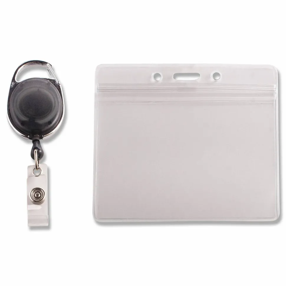 Advantus Badge Reel Holder Combo Pack - Support 3.75" x 2.58" Media - Horizontal - Vinyl - Black/Clear - Durable - 10 / Pack