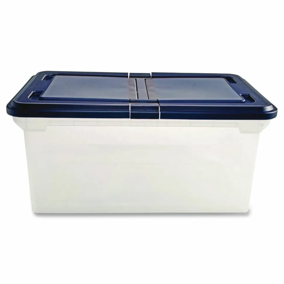 Advantus Extra Capacity Storage File Tote With Lid, Letter Size, 10 13/16" x 23" x 14 1/8", Clear/Navy