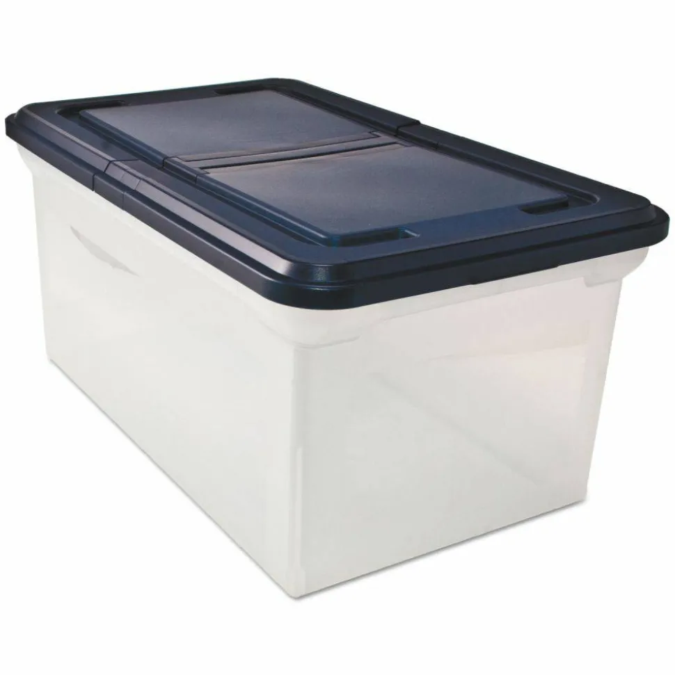 Advantus Extra Capacity Storage File Tote With Lid, Letter Size, 10 13/16" x 23" x 14 1/8", Clear/Navy