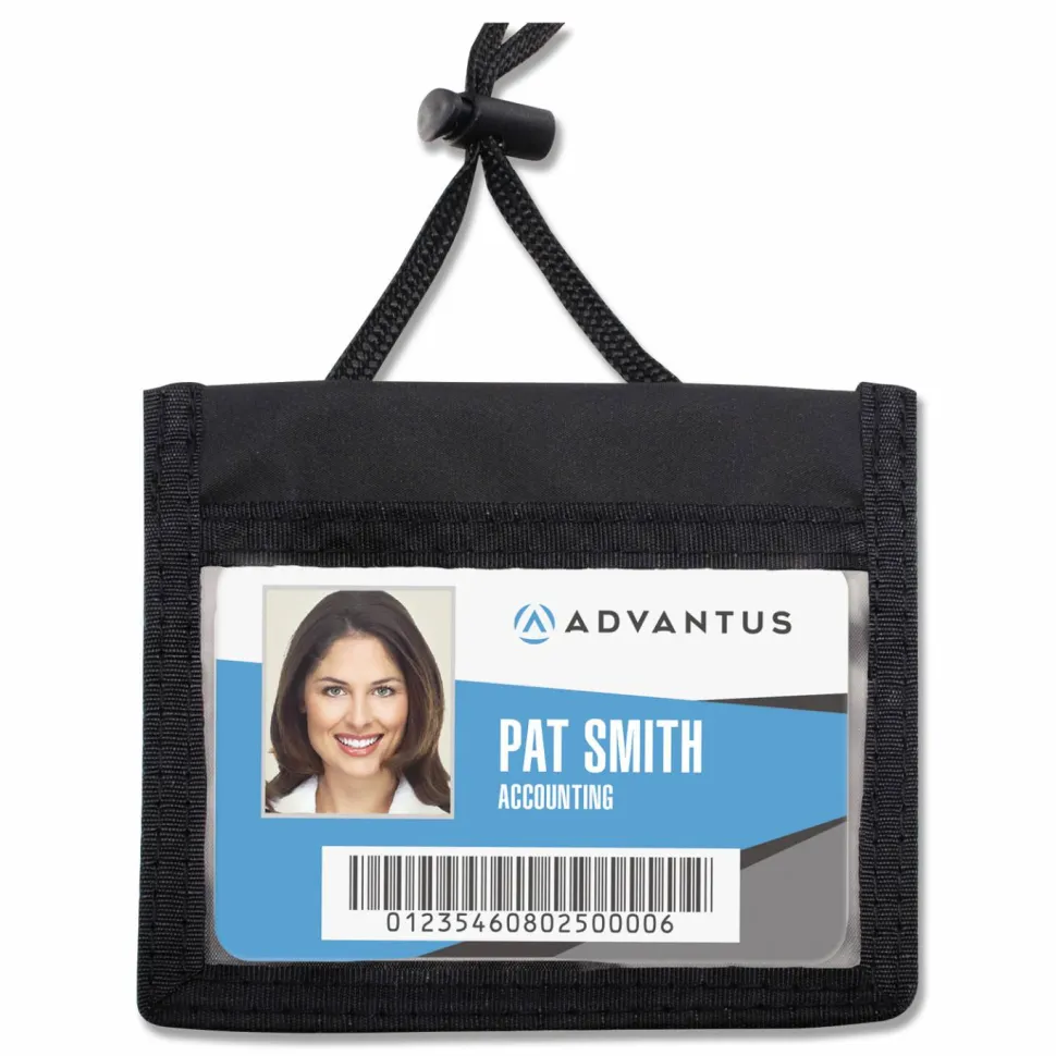 Advantus ID Badge Holders with Convention Neck Pouch, Horizontal, Black/Clear 5" x 4.25" Holder, 2.75" x 4" Insert, 48" Cord, 12/Pack