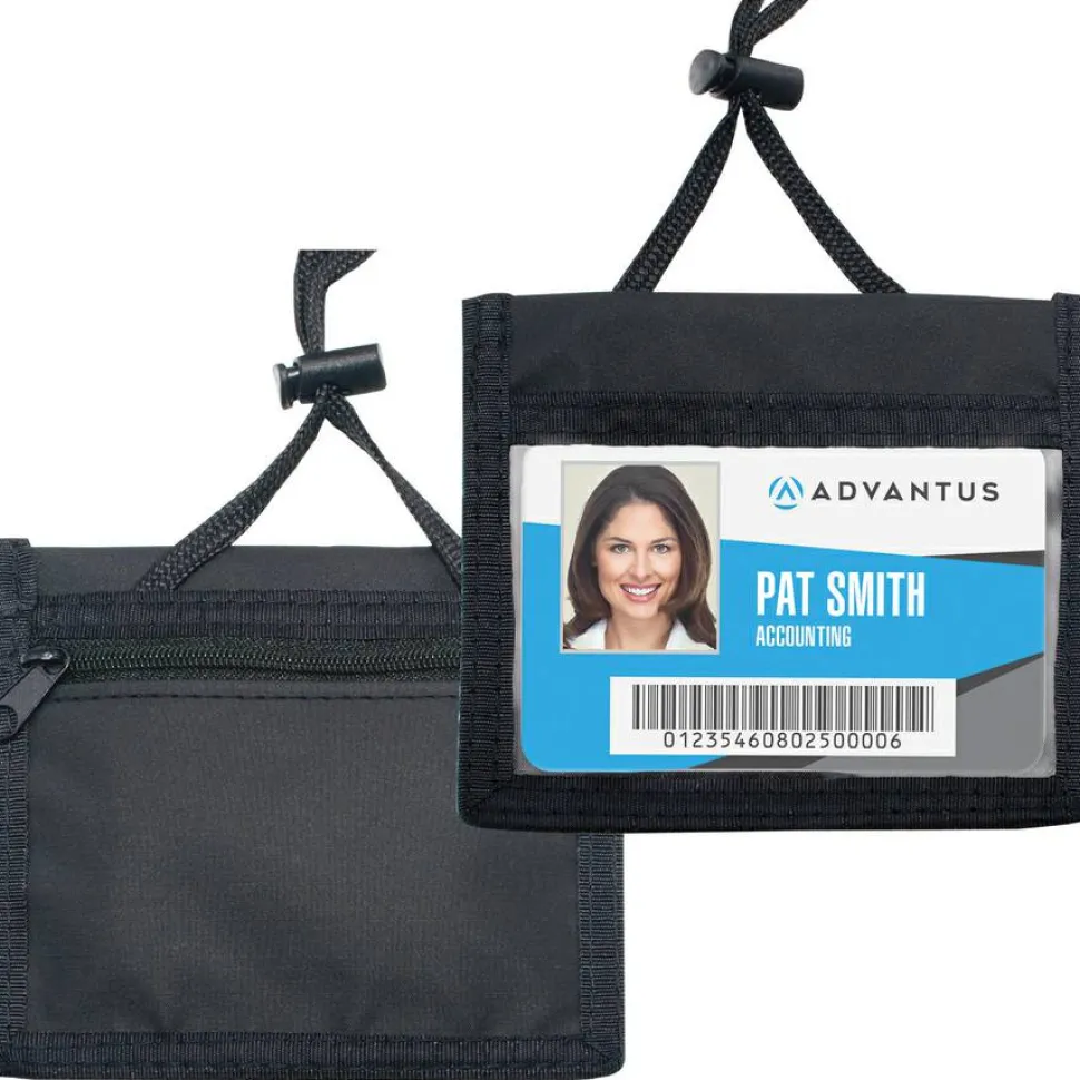 Advantus ID Badge Holders with Convention Neck Pouch, Horizontal, Black/Clear 5" x 4.25" Holder, 2.75" x 4" Insert, 48" Cord, 12/Pack