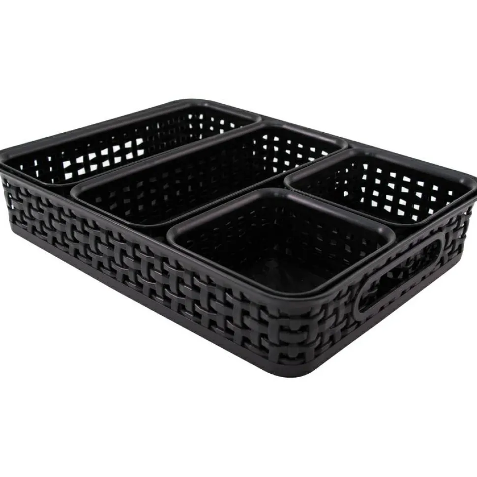 Advantus 5-pack Plastic Weave Bins - Desktop - Black - Plastic - 5 / Pack
