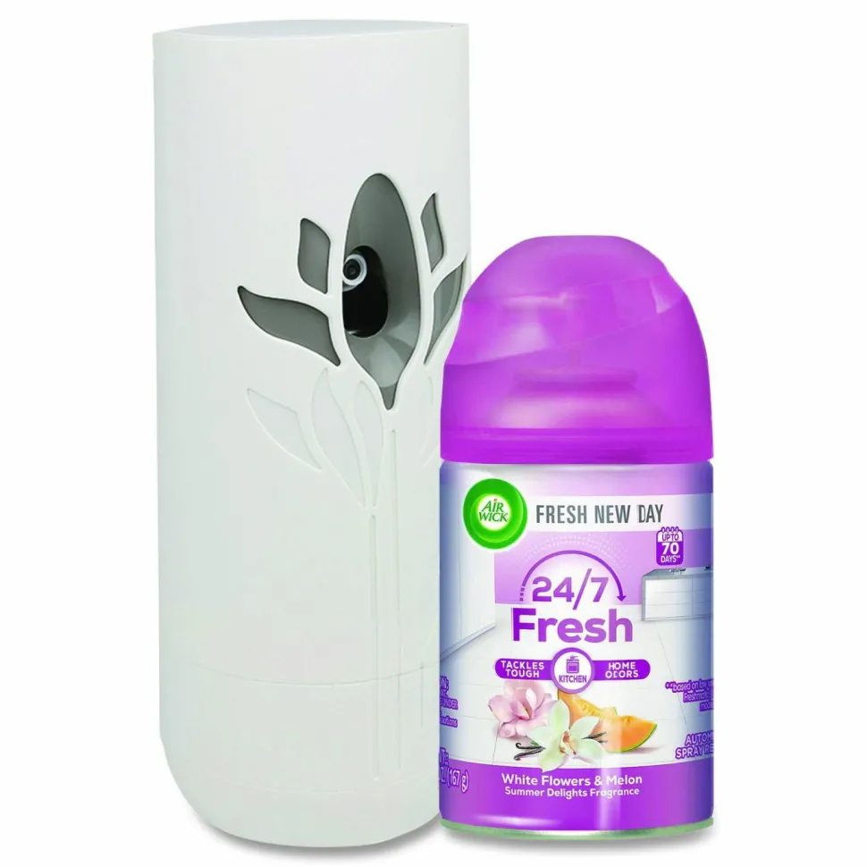 Air Wick Freshmatic Ultra Automatic Sprayer Starter Kit, 5.89 oz, White Flowers and Melon Summer Delights, Asst Dispenser Color, 4/CT