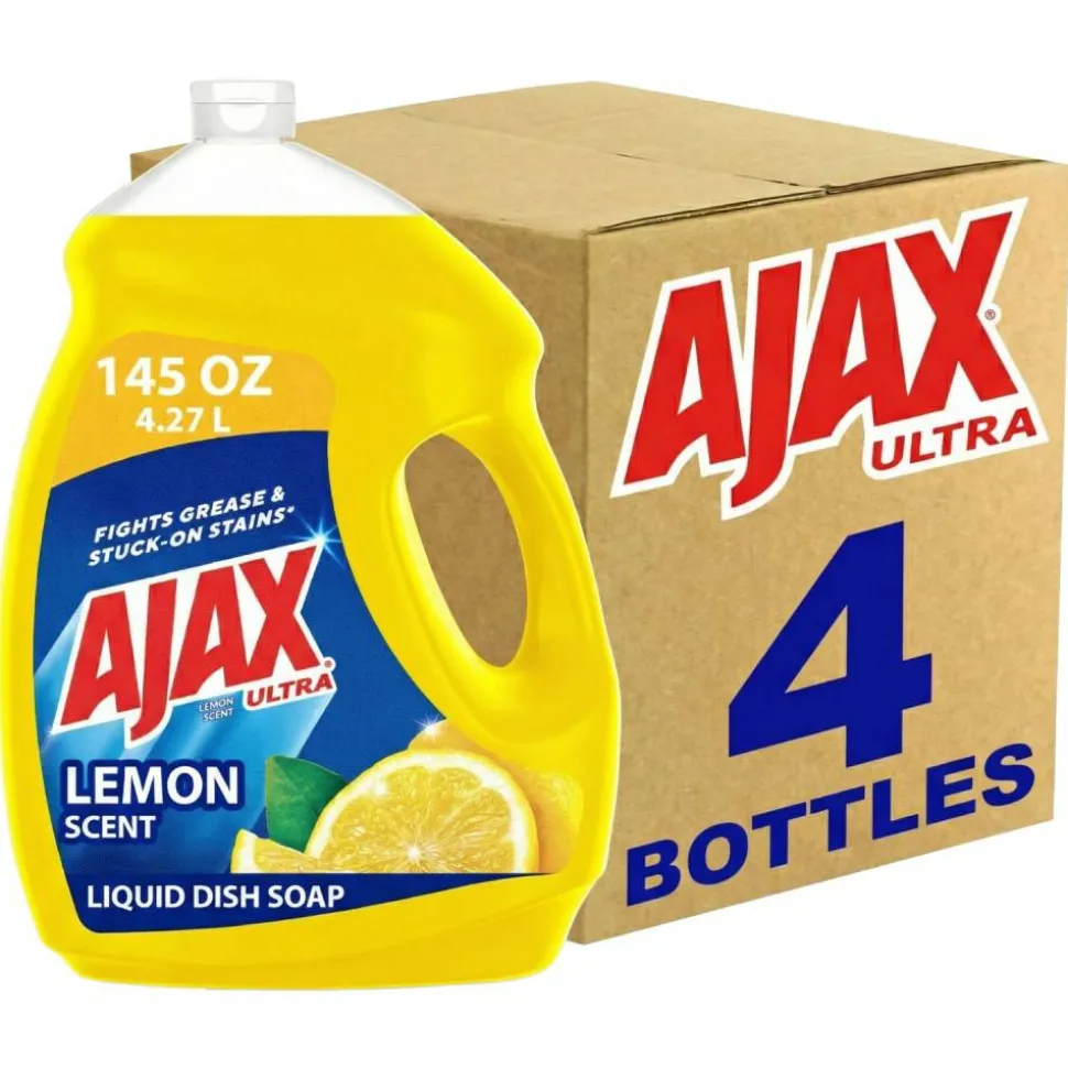 AJAX Ultra Liquid Dish Soap, Lemon Scent, 145 Oz, Case Of 4 Bottles