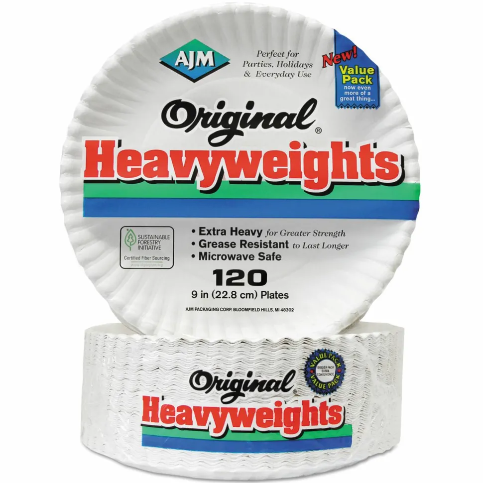 AJM Packaging Corporation Gold Label Coated Paper Plates, White, Pack Of 120 Plates