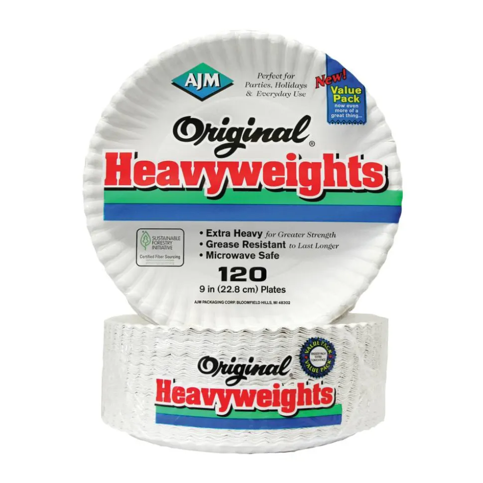 AJM Packaging Corporation Gold Label Coated Paper Plates, White, Pack Of 120 Plates