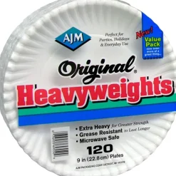 AJM Packaging Corporation Gold Label Coated Paper Plates, White, Pack Of 120 Plates