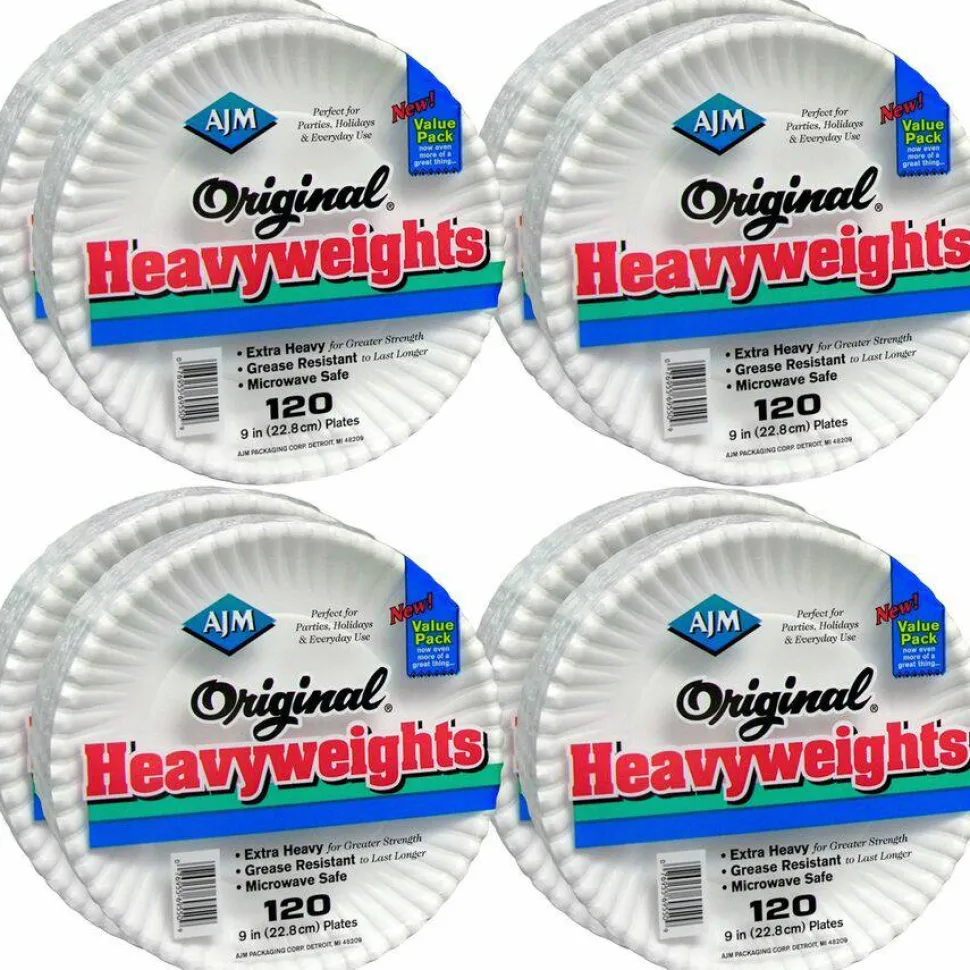 AJM Packaging Corporation Original Heavyweights Paper Plates, 9" dia, White, 120/Pack, 8 Packs/Carton