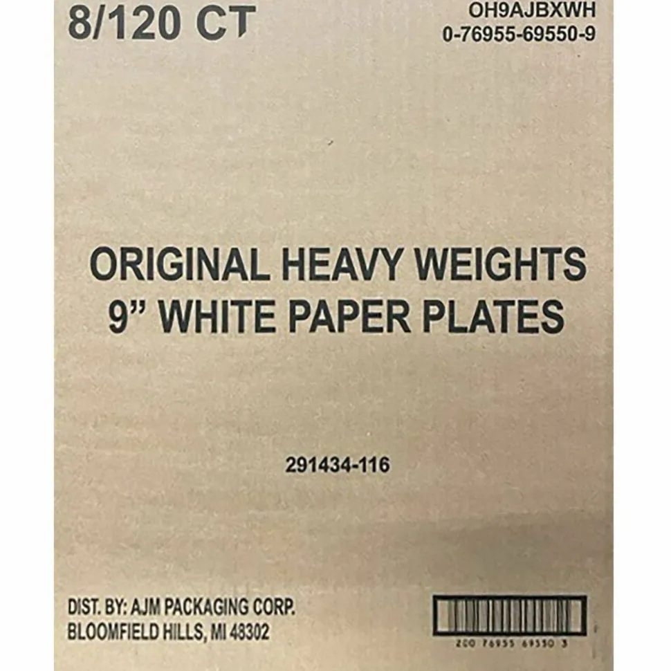 AJM Packaging Corporation Original Heavyweights Paper Plates, 9" dia, White, 120/Pack, 8 Packs/Carton