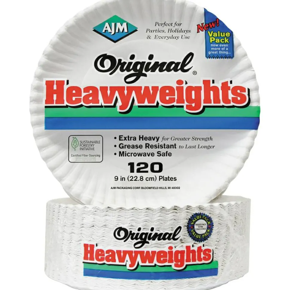 AJM Packaging Corporation Original Heavyweights Paper Plates, 9" dia, White, 120/Pack, 8 Packs/Carton