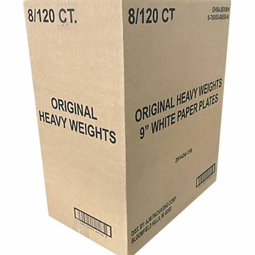AJM Packaging Corporation Original Heavyweights Paper Plates, 9" dia, White, 120/Pack, 8 Packs/Carton