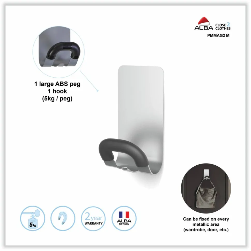 Alba Magnetic Coat Peg, ABS/Magnet/Steel, Black/Silver, Supports 11 lbs