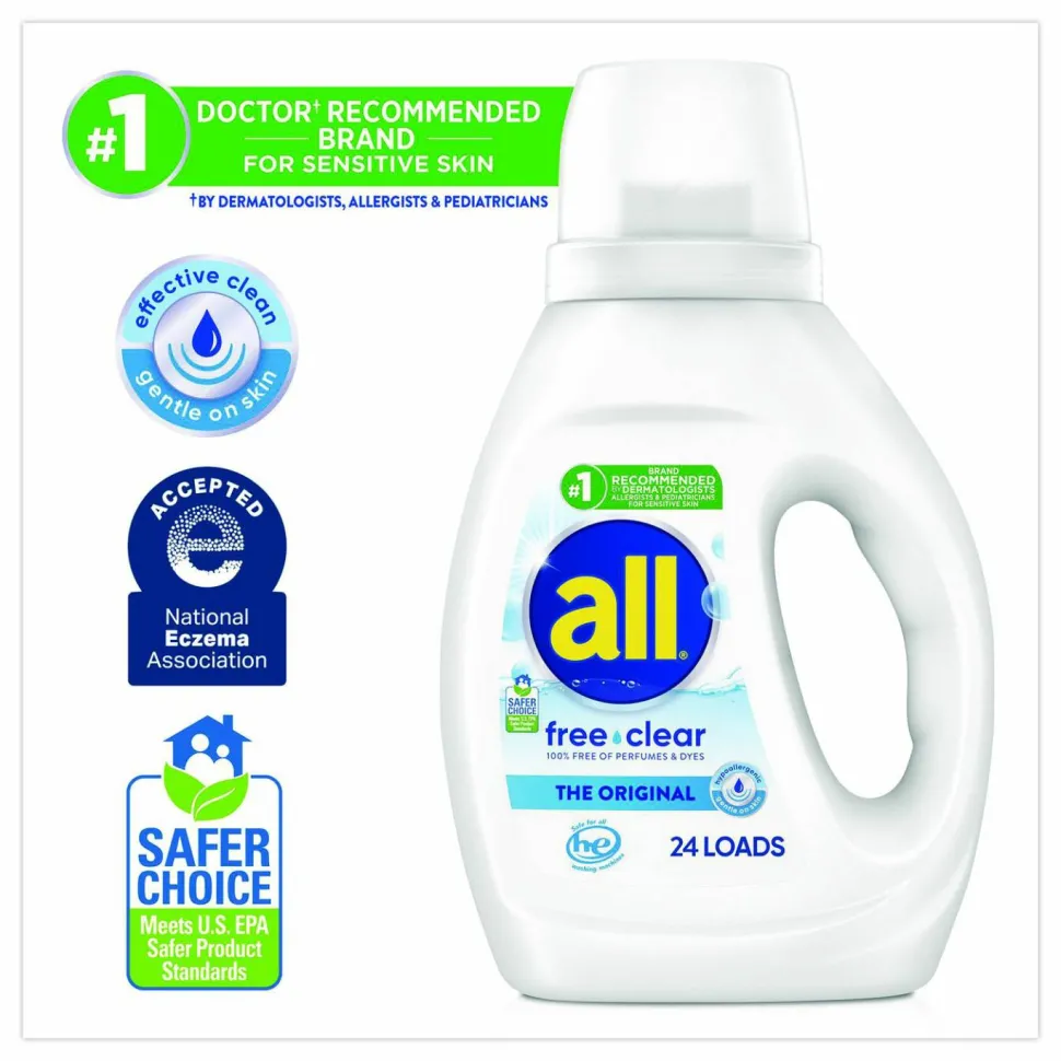 all Free Clear HE Laundry Detergent, 24 Loads, Unscented, 30 oz Bottle, 6/Carton