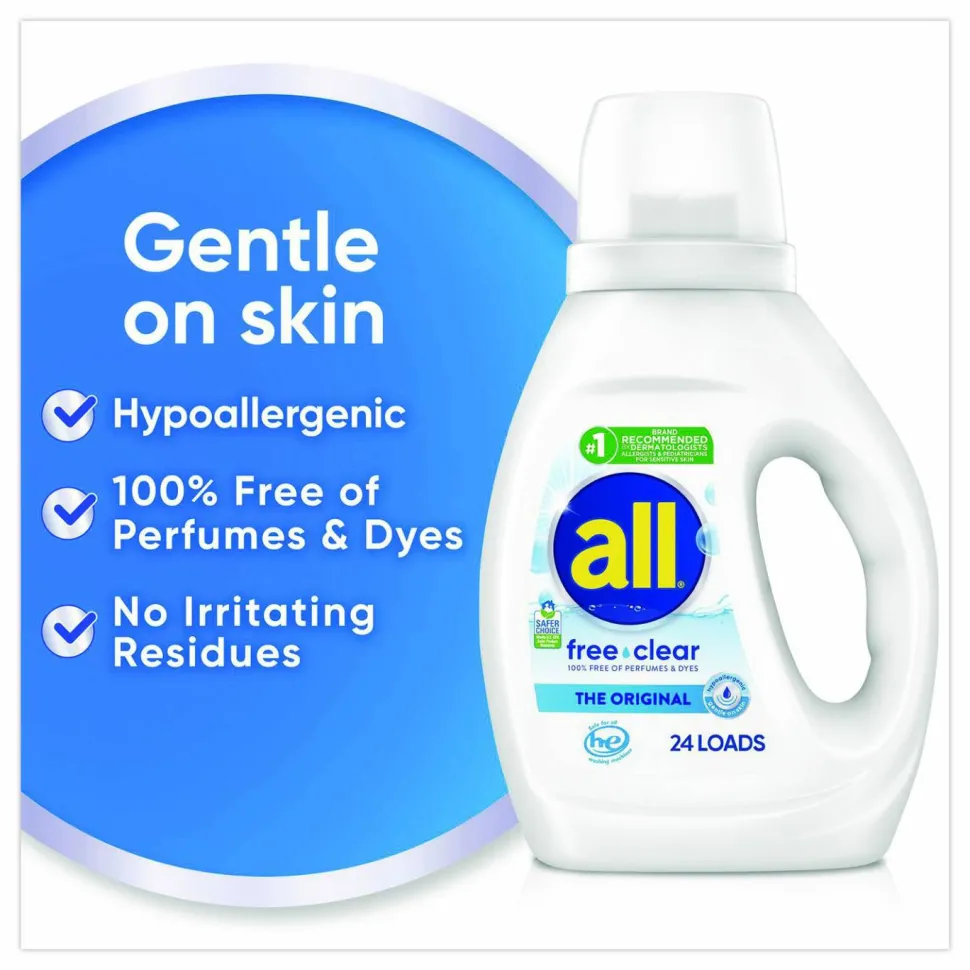 all Free Clear HE Laundry Detergent, 24 Loads, Unscented, 30 oz Bottle, 6/Carton