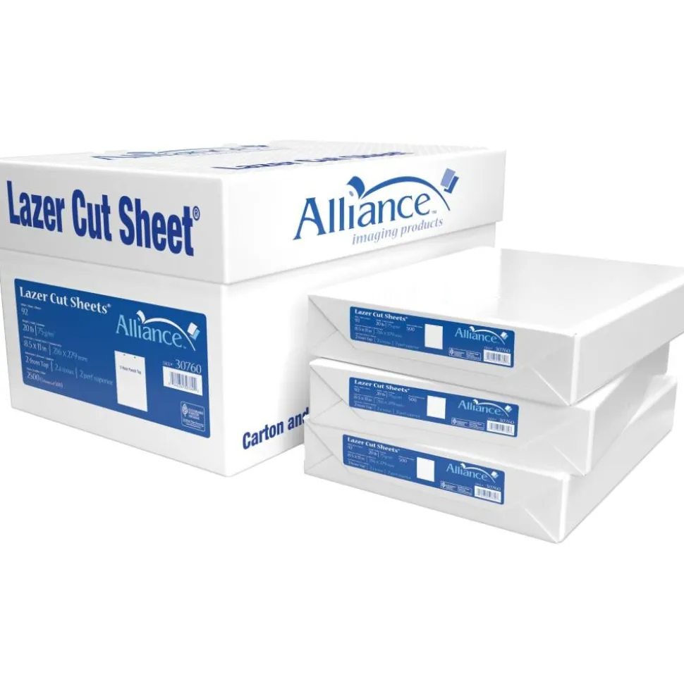 Alliance Processed Lazer Cut Sheet Copy Paper, 5 Reams, White, 8-1/2" x 11", 2-Hole Punch, 92+ Bright, 20 Lb, White, 500 Sheets Per Ream