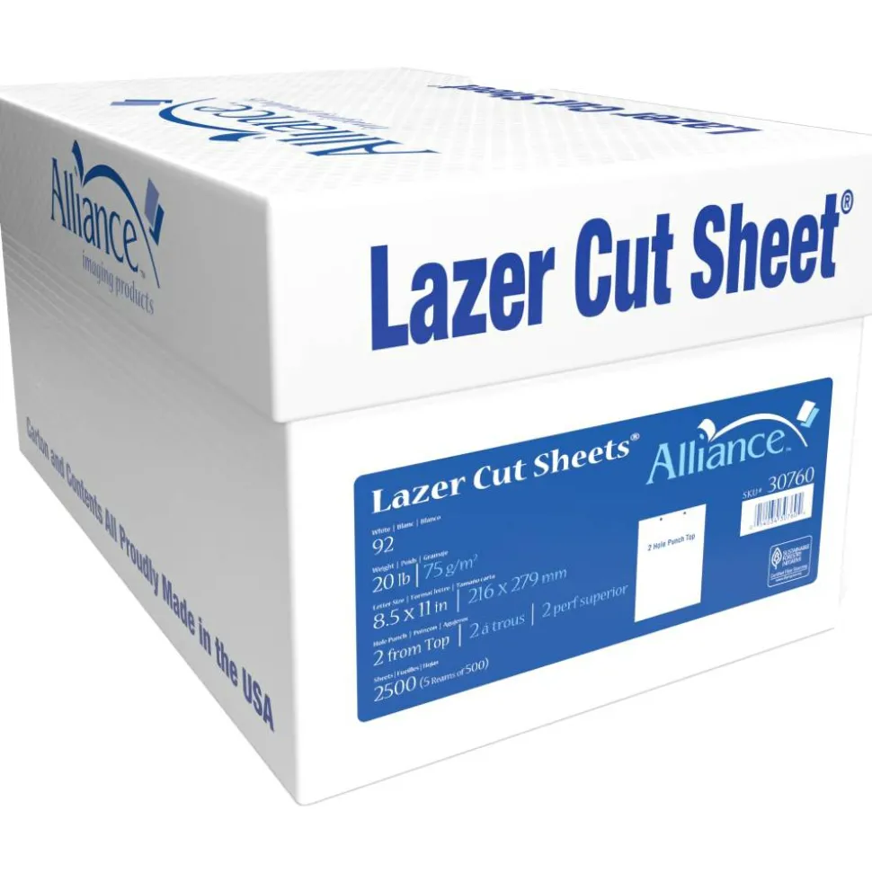 Alliance Processed Lazer Cut Sheet Copy Paper, 5 Reams, White, 8-1/2" x 11", 2-Hole Punch, 92+ Bright, 20 Lb, White, 500 Sheets Per Ream