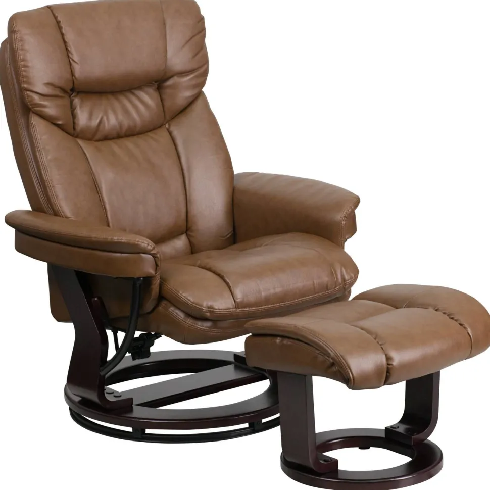 Allie Contemporary Multi-Position Recliner and Curved Ottoman with Swivel Mahogany Wood Base in Palimino LeatherSoft