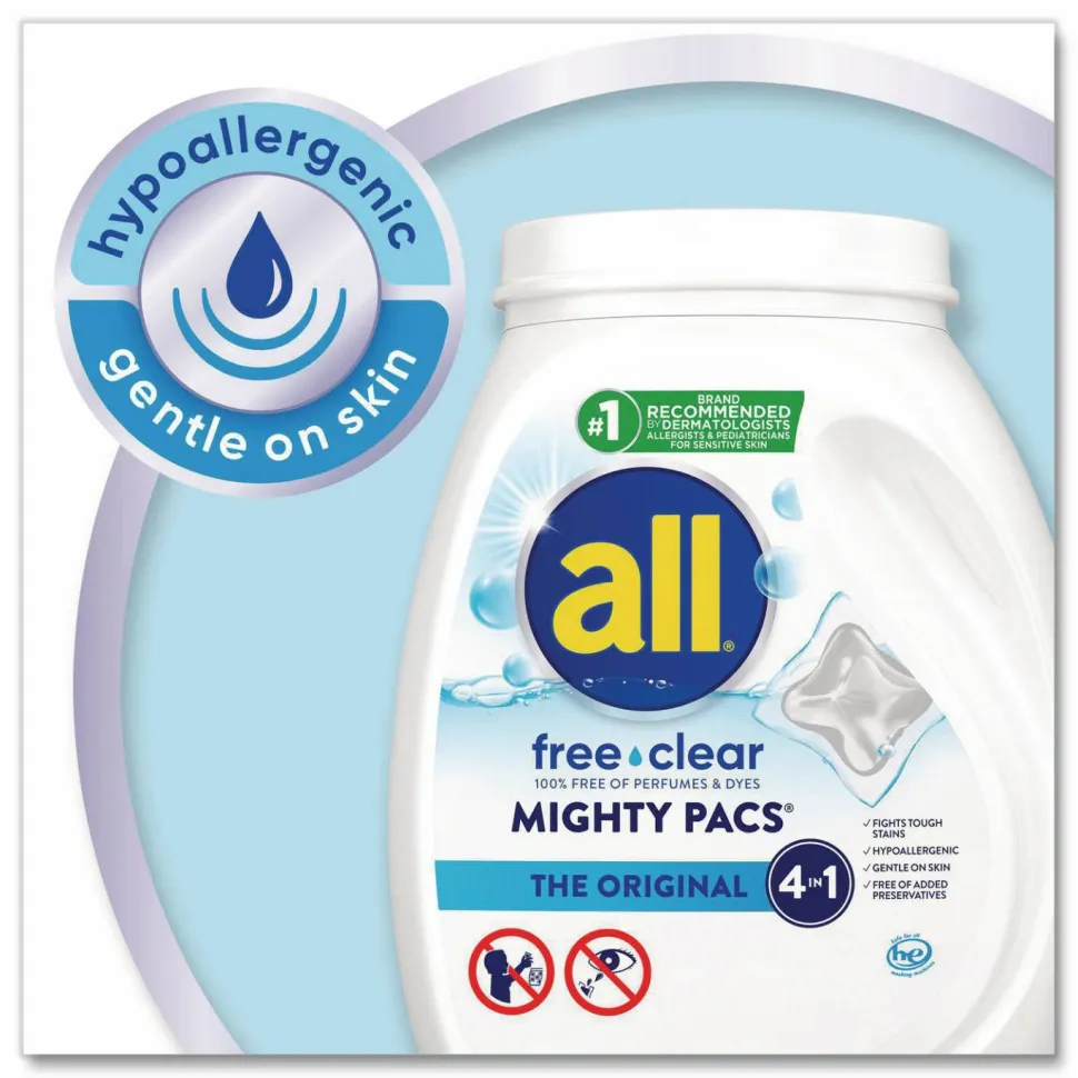 all MIGHTY PACS Free Clear HE Laundry Detergent, 60 Pods/Tub, 4 Tubs/Carton