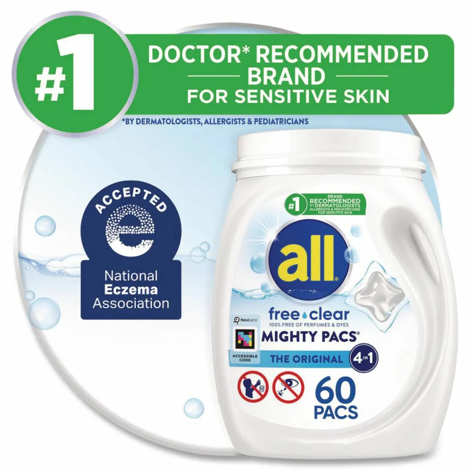 all MIGHTY PACS Free Clear HE Laundry Detergent, 60 Pods/Tub, 4 Tubs/Carton