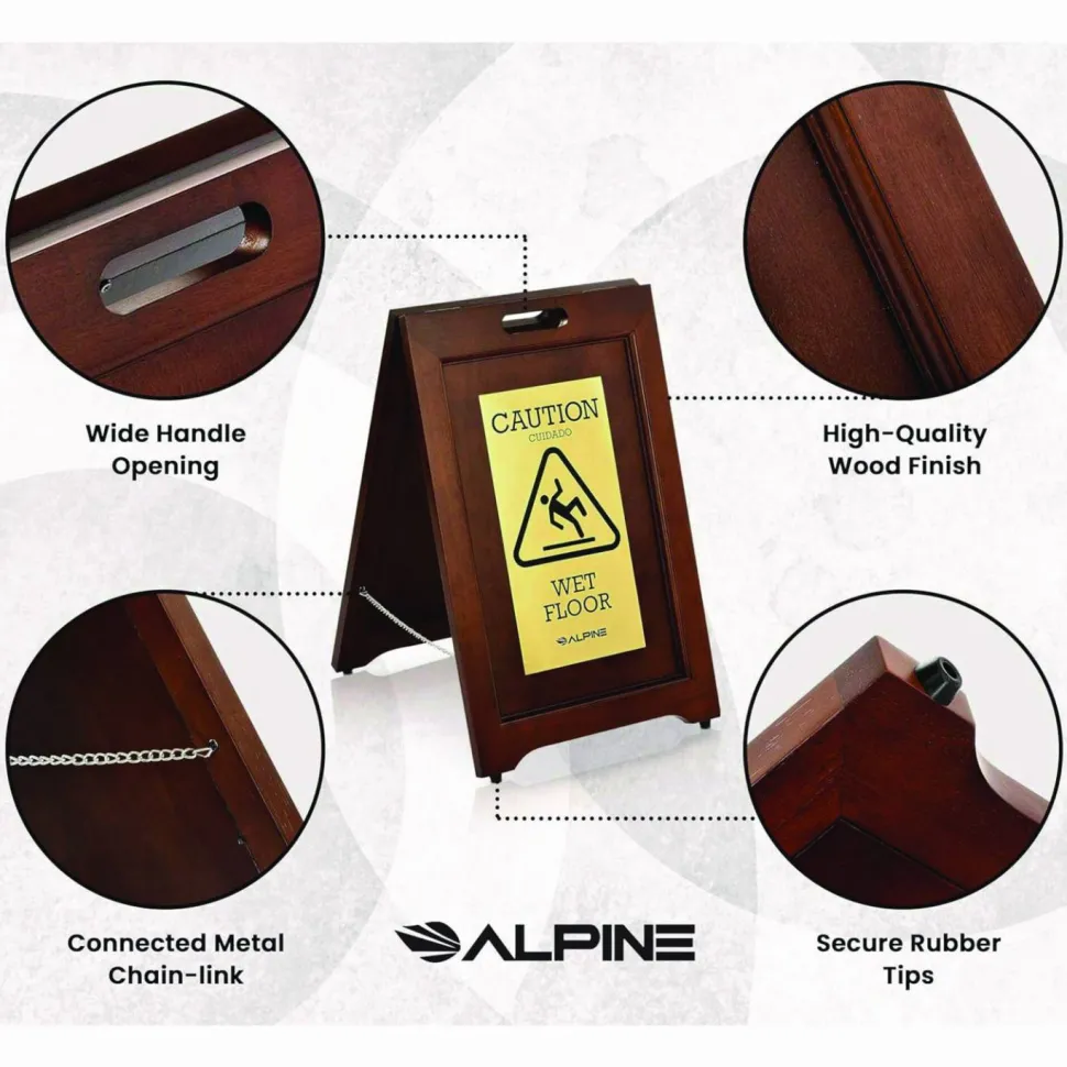 Alpine Industries 2-Sided Plated Wooden A-Frame Bilingual Wet Floor Sign, 15 x 2 x 24, Brass