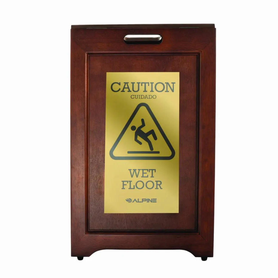 Alpine Industries 2-Sided Plated Wooden A-Frame Bilingual Wet Floor Sign, 15 x 2 x 24, Brass