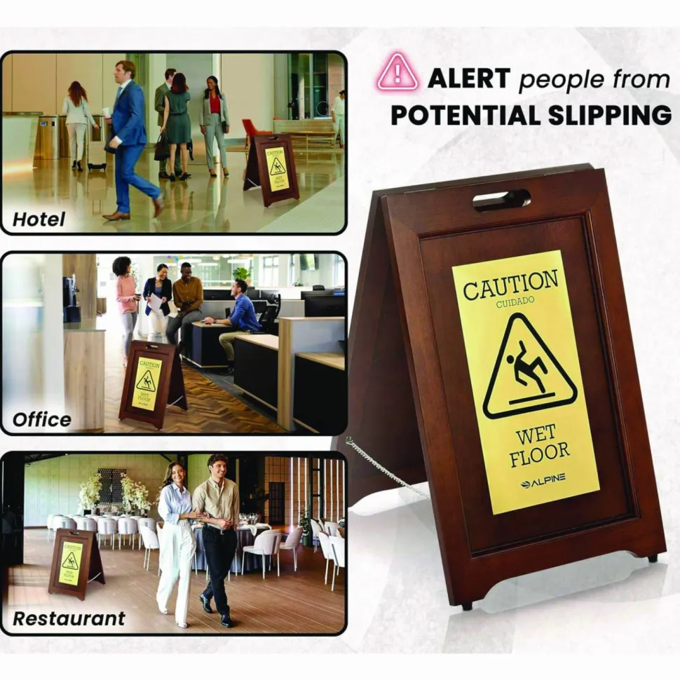 Alpine Industries 2-Sided Plated Wooden A-Frame Bilingual Wet Floor Sign, 15 x 2 x 24, Brass