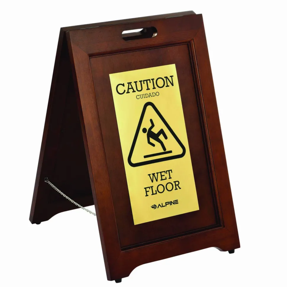 Alpine Industries 2-Sided Plated Wooden A-Frame Bilingual Wet Floor Sign, 15 x 2 x 24, Brass