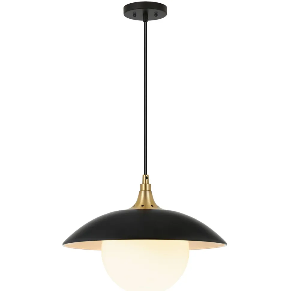 Alvia 14.5" Wide Pendant with Metal/Glass Shade in Matte Black/Brass/White