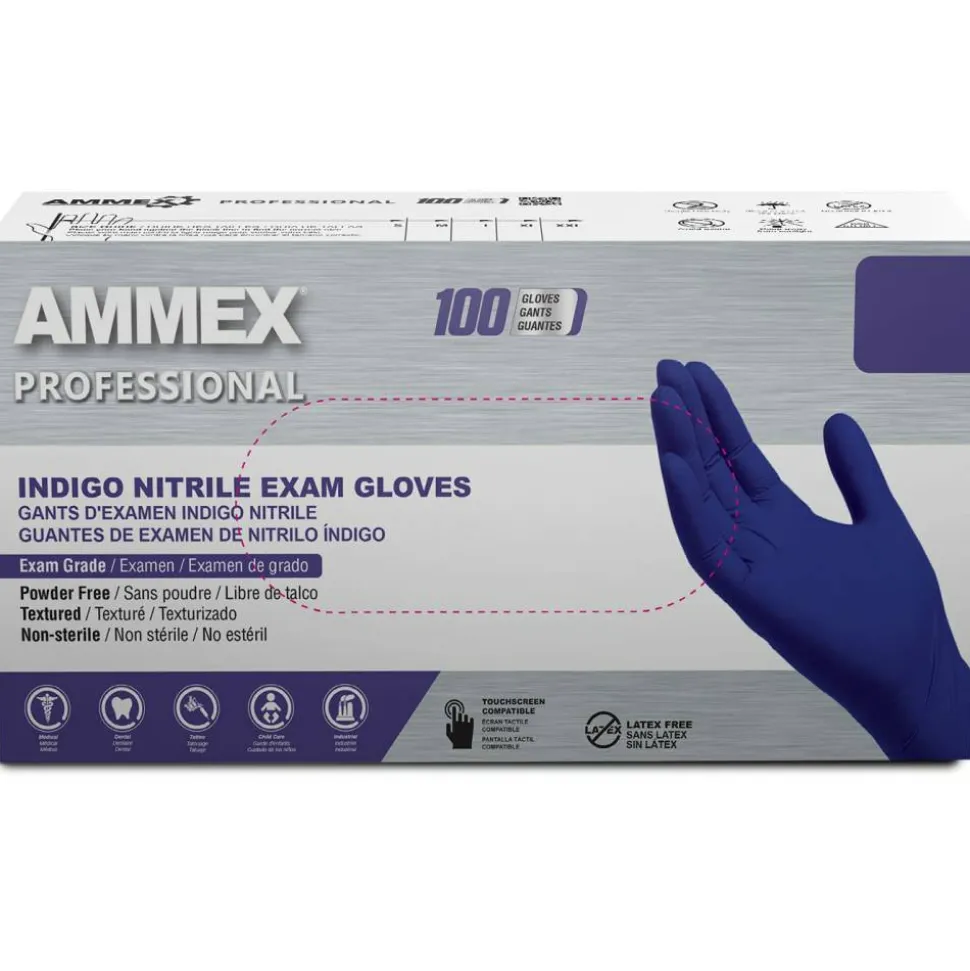 Ammex Professional Indigo Disposable Powder-Free Nitrile Exam Gloves, Small, Box Of 100 Gloves