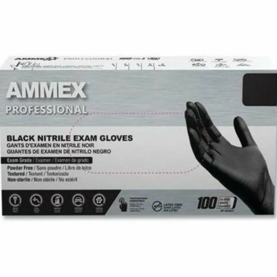 AMMEX Professional Nitrile Exam Gloves, Powder-Free, Small, Black, 100/Box