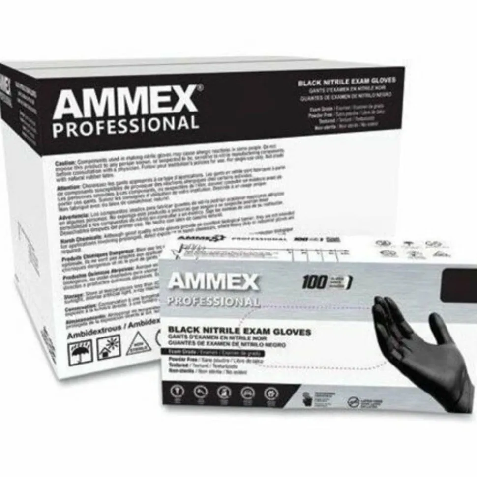 AMMEX Professional Nitrile Exam Gloves, Powder-Free, Small, Black, 100/Box