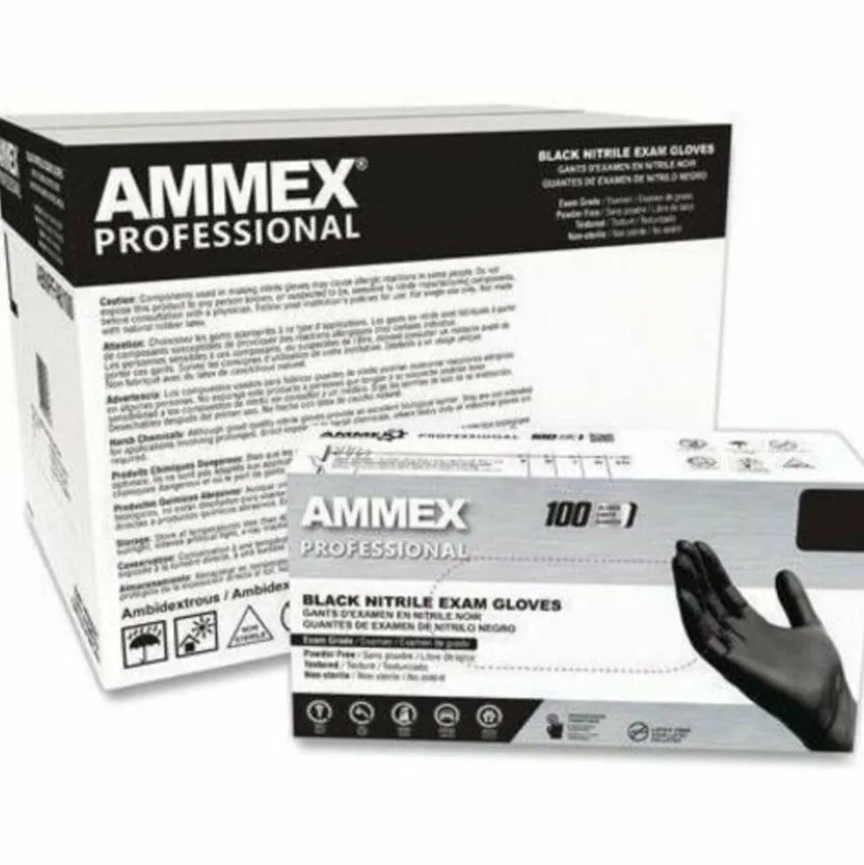 Ammex Professional Powder-Free Exam-Grade Nitrile Gloves, Medium, Black, Box Of 100 Gloves