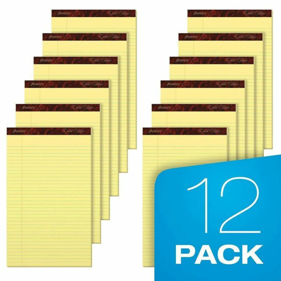 Ampad Gold Fibre Quality Writing Pads, Wide/Legal Rule, (50) Canary Yellow 8.5 x 14 Sheets, Dozen