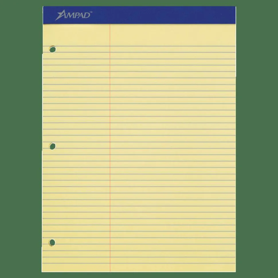 Ampad Perforated 3-Hole Punched Dual Writing Pad, Law Rule, 8 1/2" x 11 3/4", Canary, 100 Sheets