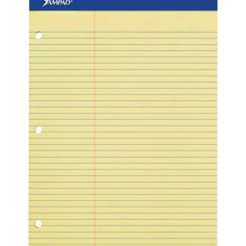 Ampad Perforated 3-Hole Punched Dual Writing Pad, Law Rule, 8 1/2" x 11 3/4", Canary, 100 Sheets