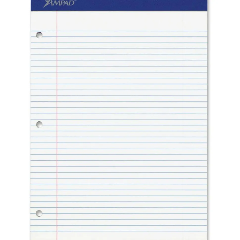 Ampad Perforated 3 Hole Punched Ruled Double Sheet Pad, Letter Size, 100 Sheets, White