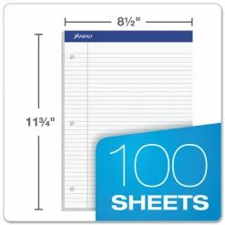 Ampad Perforated 3 Hole Punched Ruled Double Sheet Pad, Letter Size, 100 Sheets, White