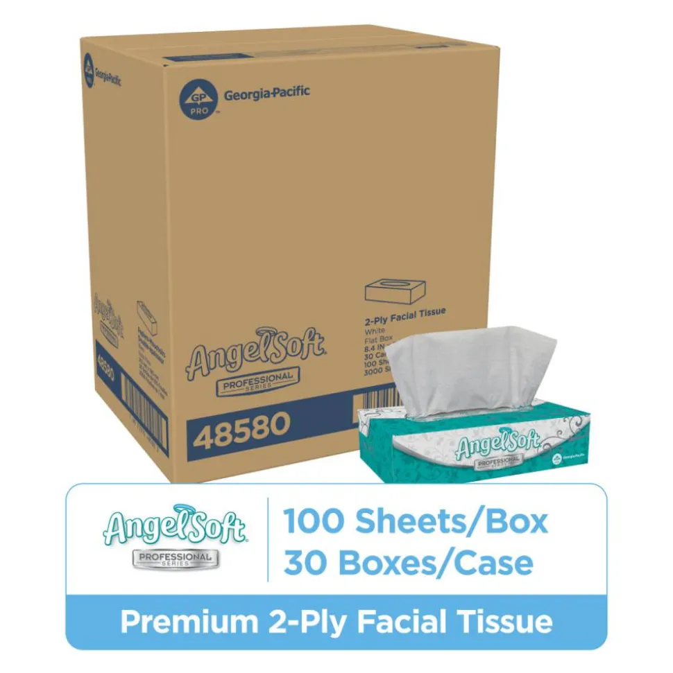 Angel Soft Professional Series 2-Ply Facial Tissue, Flat Box, White, 10% Recycled Fiber, 30 Boxes Per Case, 100 Sheets Per Box
